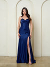 Load image into Gallery viewer, Wholesale Sweetheart Beaded Corset Fitted Evening Gown in Stretch Satin with Slit by LAV5310 - NAVY - Long Prom Dress LAV
