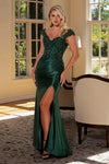 Load image into Gallery viewer, LAF8480 Wholesale Sequin Lace Sheath Evening Gown V-Neck Cap Sleeve Formal Dress with Slit - HUNTER GREEN - Long Formal Dress LAF
