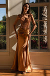 Load image into Gallery viewer, LAF8480 Wholesale Sequin Lace Sheath Evening Gown V-Neck Cap Sleeve Formal Dress with Slit - GOLD - Long Formal Dress LAF