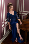 Load image into Gallery viewer, Wholesale 3/4 Illusion Sleeve Beaded Sequin Lace Appliqué Boned Evening Gown with Slit by LAF8484 - - Dresses LAF