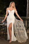 Load image into Gallery viewer, LAF8513 Ivory Wholesale Off-Shoulder Sheath Wedding Dress with Front Slit and Detachable Sequin Train - IVORY - Wedding Dress LAF