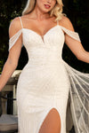 Load image into Gallery viewer, LAF8513 Ivory Wholesale Off-Shoulder Sheath Wedding Dress with Front Slit and Detachable Sequin Train - - Wedding Dress LAF