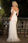 Load image into Gallery viewer, LAF8513 Ivory Wholesale Off-Shoulder Sheath Wedding Dress with Front Slit and Detachable Sequin Train - - Wedding Dress LAF