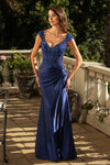 Load image into Gallery viewer, LAF8480 Wholesale Sequin Lace Sheath Evening Gown V-Neck Cap Sleeve Formal Dress with Slit - NAVY BLUE - Long Formal Dress LAF