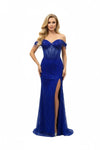 Load image into Gallery viewer, LAHTL3043C Wholesale Off-Shoulder Beaded Corset with Sheer Boned Bodice Fringe Sleeves &amp; Slit - - Long Formal Dress LAH