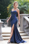 Cargar imagen en el visor de la galería, LAF8455 Wholesale Satin Trumpet Prom Dress with Corset Bodice Sweetheart Neckline &amp; High Slit - NAVY BLUE - Long Prom Dress LAF