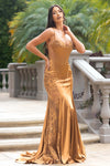 Load image into Gallery viewer, Wholesale Elegant Satin Lace Mermaid Gown with Corset Bodice Spaghetti Strap Dress by LAF8442 - GOLD - Dresses LAF