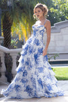 Load image into Gallery viewer, Wholesale Floral Tiered Ruffle Corset Maxi Dress Spaghetti Strap Bustier Gown by LAF8499 - BLUE - Dresses LAF
