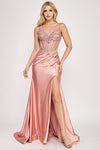 Cargar imagen en el visor de la galería, Wholesale Satin Beaded Corset Evening Gown with Sweetheart Neckline, High Slit &amp; Mermaid Train By LAF8404 - ROSE GOLD - Dress LAF