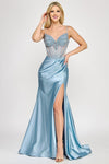 Cargar imagen en el visor de la galería, Wholesale Satin Beaded Corset Evening Gown with Sweetheart Neckline, High Slit &amp; Mermaid Train By LAF8404 - PERRY BLUE - Dress LAF