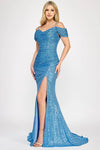 Load image into Gallery viewer, LAF8365 Wholesale Off-Shoulder Sequin Ruched Bodice High Slit Sweep Train Prom Evening Gown
