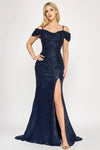Load image into Gallery viewer, LAF8365 Wholesale Off-Shoulder Sequin Ruched Bodice High Slit Sweep Train Prom Evening Gown