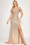 Load image into Gallery viewer, LAF8365 Wholesale Off-Shoulder Sequin Ruched Bodice High Slit Sweep Train Prom Evening Gown