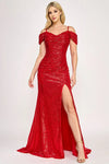 Load image into Gallery viewer, LAF8365 Wholesale Off-Shoulder Sequin Ruched Bodice High Slit Sweep Train Prom Evening Gown