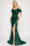 Load image into Gallery viewer, LAF8365 Wholesale Off-Shoulder Sequin Ruched Bodice High Slit Sweep Train Prom Evening Gown