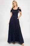Cargar imagen en el visor de la galería, Wholesale Metallic Cold-Shoulder Pleated A-Line Gown with Ruched Waist By LAF5327 - NAVY BLUE - Dress LAF