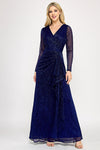 Cargar imagen en el visor de la galería, Wholesale Metallic Crinkle Mesh A-Line Gown with Draped Waist and Sheer Long Sleeves By LAF5324 - ROYAL BLUE - LAF