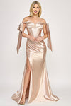 Cargar imagen en el visor de la galería, Wholesale Satin Off-Shoulder Corset Gown with Draped Skirt &amp; Side Slit By LAF8401 - CHAMPAGNE - Dress LAF