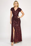 Cargar imagen en el visor de la galería, Wholesale Sequin Velvet Wave Pattern Evening Gown with Side Slit By LAF5331 - BURGUNDY - Dress LAF