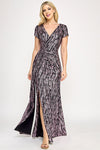 Cargar imagen en el visor de la galería, Wholesale Sequin Velvet Wave Pattern Evening Gown with Side Slit By LAF5331 - PINK - Dress LAF