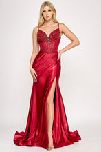 Load image into Gallery viewer, Wholesale Satin Beaded Corset Evening Gown with Sweetheart Neckline, High Slit &amp; Mermaid Train By LAF8404
