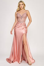 Load image into Gallery viewer, Wholesale Satin Beaded Corset Evening Gown with Sweetheart Neckline, High Slit &amp; Mermaid Train By LAF8404