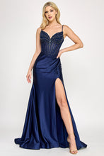 Load image into Gallery viewer, Wholesale Satin Beaded Corset Evening Gown with Sweetheart Neckline, High Slit &amp; Mermaid Train By LAF8404