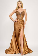 Load image into Gallery viewer, Wholesale Satin Beaded Corset Evening Gown with Sweetheart Neckline, High Slit &amp; Mermaid Train By LAF8404