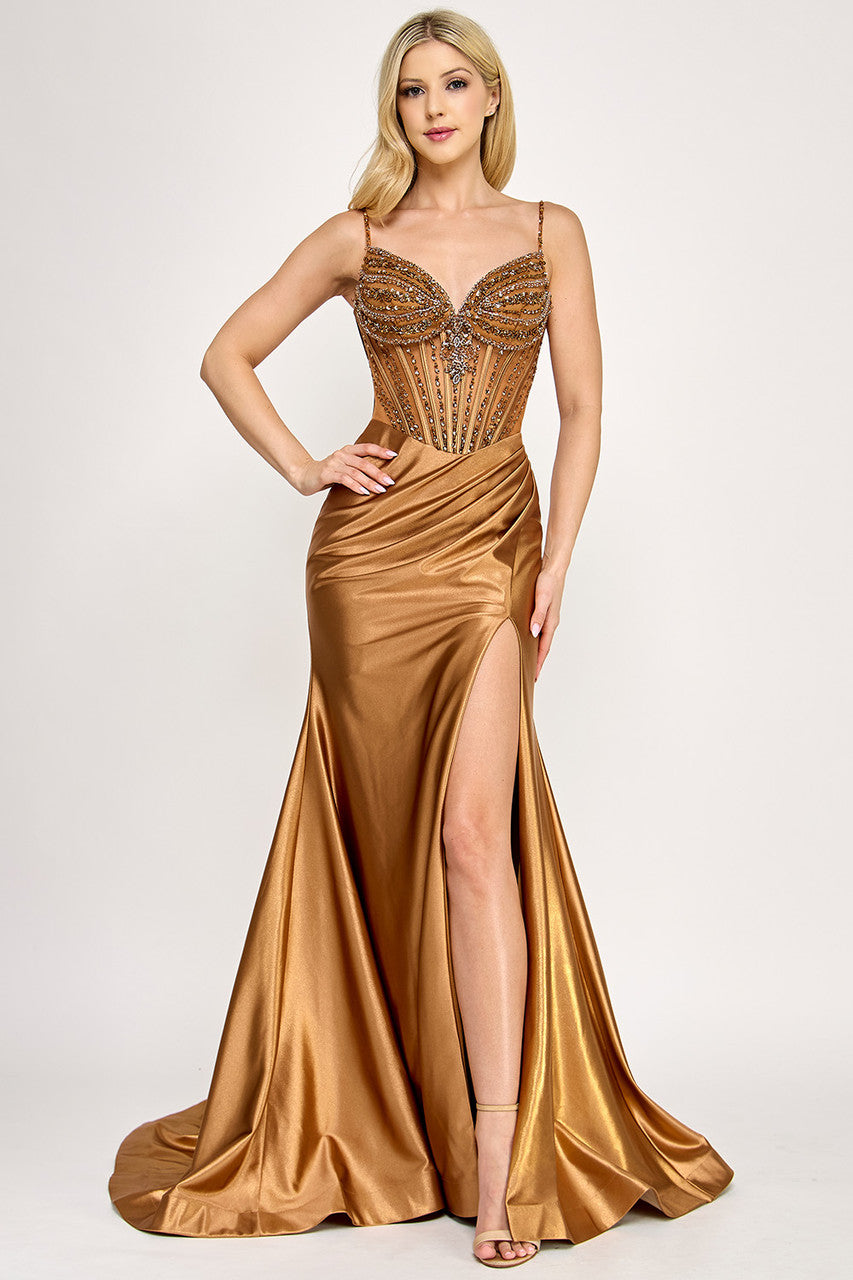 Wholesale Satin Beaded Corset Evening Gown with Sweetheart Neckline, High Slit & Mermaid Train By LAF8404