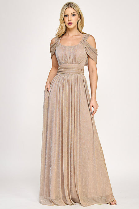 Wholesale Metallic Cold-Shoulder Pleated A-Line Gown with Ruched Waist By LAF5327