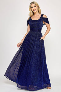 Wholesale Metallic Cold-Shoulder Pleated A-Line Gown with Ruched Waist By LAF5327