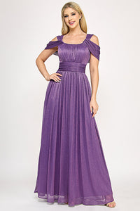 Wholesale Metallic Cold-Shoulder Pleated A-Line Gown with Ruched Waist By LAF5327