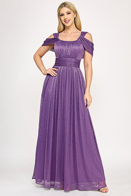 Wholesale Metallic Cold-Shoulder Pleated A-Line Gown with Ruched Waist By LAF5327
