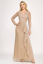 Load image into Gallery viewer, Wholesale Metallic Crinkle Mesh A-Line Gown with Draped Waist and Sheer Long Sleeves By LAF5324