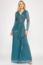 Load image into Gallery viewer, Wholesale Metallic Crinkle Mesh A-Line Gown with Draped Waist and Sheer Long Sleeves By LAF5324