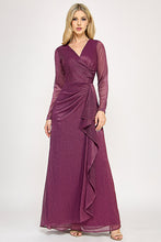 Load image into Gallery viewer, Wholesale Metallic Crinkle Mesh A-Line Gown with Draped Waist and Sheer Long Sleeves By LAF5324