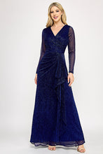 Load image into Gallery viewer, Wholesale Metallic Crinkle Mesh A-Line Gown with Draped Waist and Sheer Long Sleeves By LAF5324