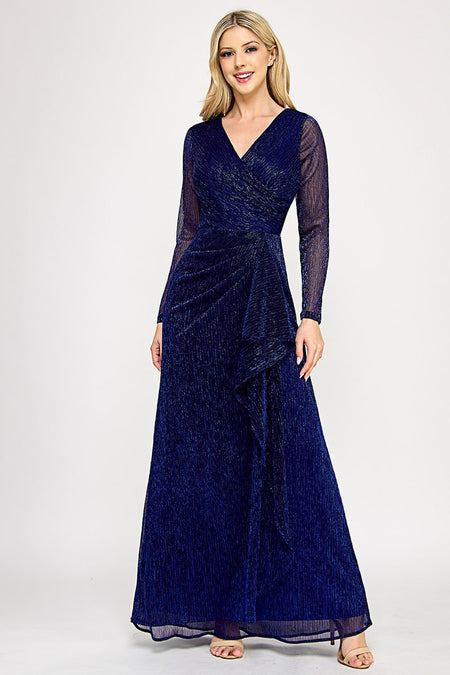 Wholesale Metallic Crinkle Mesh A-Line Gown with Draped Waist and Sheer Long Sleeves By LAF5324