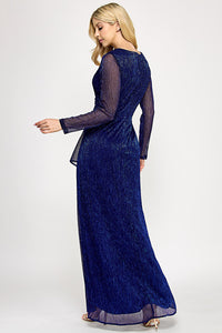 Wholesale Metallic Crinkle Mesh A-Line Gown with Draped Waist and Sheer Long Sleeves By LAF5324