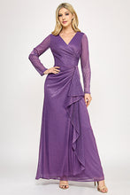 Load image into Gallery viewer, Wholesale Metallic Crinkle Mesh A-Line Gown with Draped Waist and Sheer Long Sleeves By LAF5324