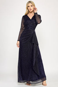 Wholesale Metallic Crinkle Mesh A-Line Gown with Draped Waist and Sheer Long Sleeves By LAF5324