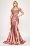 Load image into Gallery viewer, Wholesale Off-Shoulder Satin Evening Gown with Beaded Bodice and High Slit By LAF8348