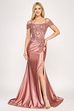 Load image into Gallery viewer, Wholesale Off-Shoulder Satin Evening Gown with Beaded Bodice and High Slit By LAF8348