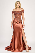 Load image into Gallery viewer, Wholesale Off-Shoulder Satin Evening Gown with Beaded Bodice and High Slit By LAF8348