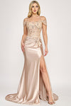 Load image into Gallery viewer, Wholesale Off-Shoulder Satin Evening Gown with Beaded Bodice and High Slit By LAF8348