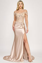 Load image into Gallery viewer, Wholesale Off-Shoulder Satin Evening Gown with Beaded Bodice and High Slit By LAF8348