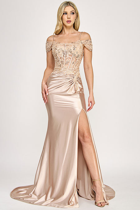 Wholesale Off-Shoulder Satin Evening Gown with Beaded Bodice and High Slit By LAF8348