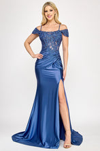 Load image into Gallery viewer, Wholesale Off-Shoulder Satin Evening Gown with Beaded Bodice and High Slit By LAF8348