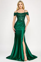 Load image into Gallery viewer, Wholesale Off-Shoulder Satin Evening Gown with Beaded Bodice and High Slit By LAF8348