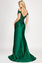 Load image into Gallery viewer, Wholesale Off-Shoulder Satin Evening Gown with Beaded Bodice and High Slit By LAF8348